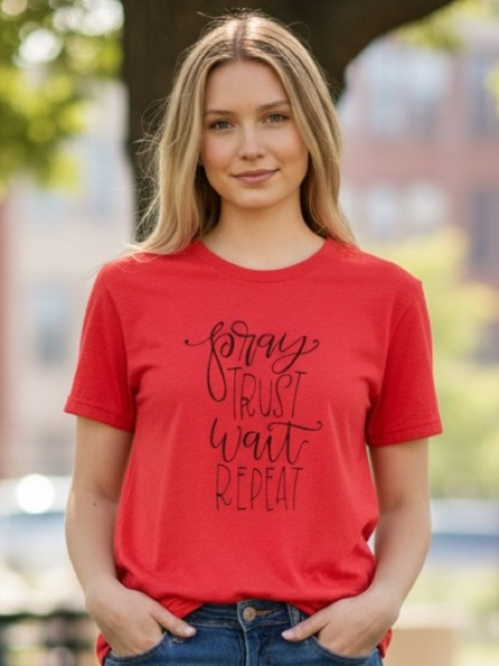 Pray Trust Wait Repeat Christian Tee Bella Canvas Small Coral